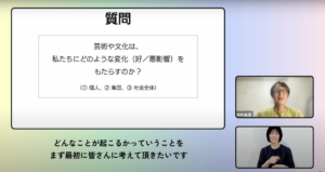 「芸術や文化は私たちの生活にどのような変化をもたらすのか？」と問いかけるスライド