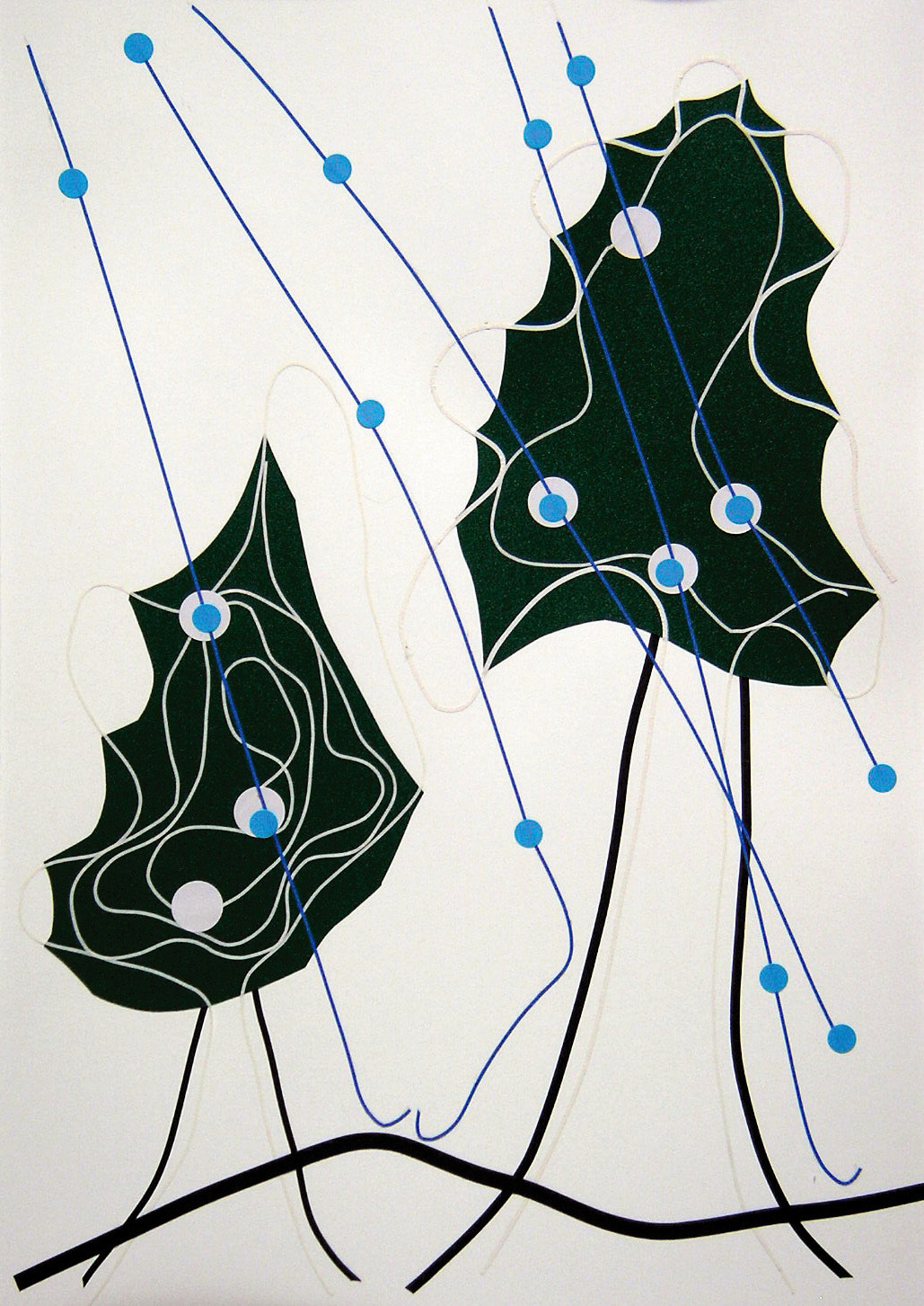 光島さんの雨の木という作品の写真です。雨が青い丸と線で表現されています。
