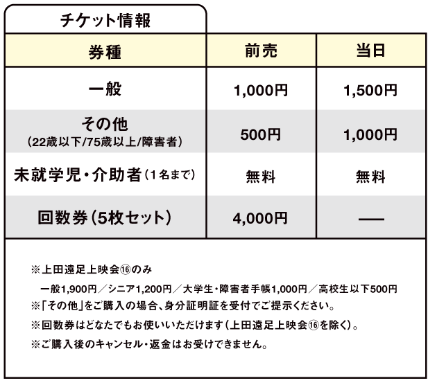 券種　
前売券　　　　　　　　　　　　　　　　　　　　　
一般　1,000円
その他（22歳以下／75歳以上／障害者）500円
未就学児・介助者（1名まで）　無料
回数券（5枚セット）　4,000円

当日券
一般 1,500円
その他（22歳以下／75歳以上／障害者）1,000円
未就学児・介助者（1名まで）　無料
※回数券は前売りのみ販売

※プログラム⑰のみ
一般1,900円／シニア1,200円／大学生・障害者手帳1,000円／高校生以下500円
※「その他」をご購入の場合、身分証明証を受付でご提示ください
※回数券はどなたでもお使いいただけます
※ご購入後のキャンセル・返金はお受けできません
