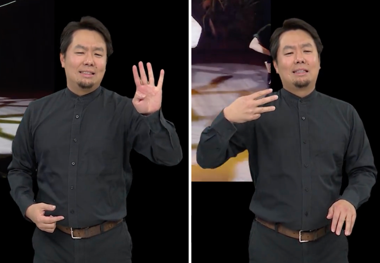 左：手話で「ワンツースリー」の英語表現をする江副さん 右：手話で「一二三（ひふみ）」の日本語表現（配信映像の部分抜粋）をする江副さん